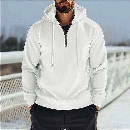 2025 New Style Men's Autumn Fashion Hooded Collar Half-Zip Outdoor Casual Solid Patterned Waffle-Style Sporty Men's Sweatshirt
