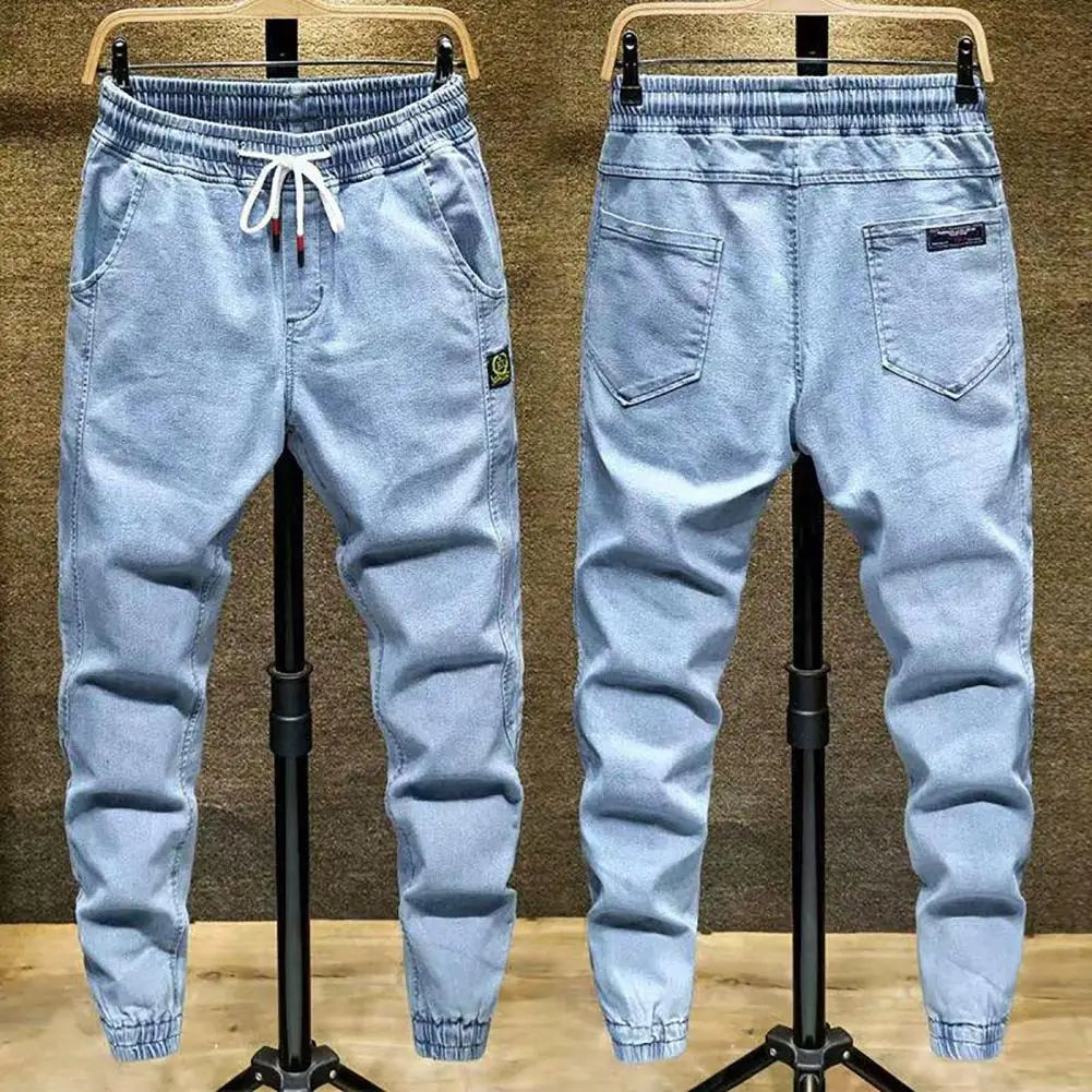 Trendy Men Jeans Elastic Waist Streetwear Bottoms High Waist Ankle Tied Harem Pants