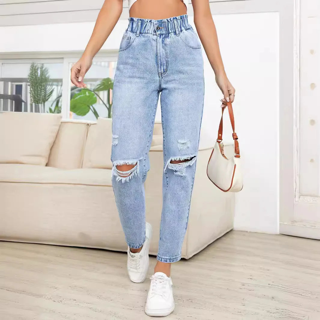 Japan and South Korea Casual Washed Ripped Jeans for Women Spring and Summer New Fashion Straight Nine Minutes of Pants Women