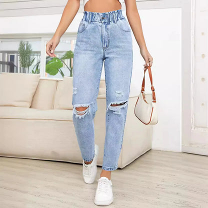 Japan and South Korea Casual Washed Ripped Jeans for Women Spring and Summer New Fashion Straight Nine Minutes of Pants Women