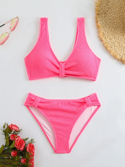 Summer New Women's 2 Piece Swimsuit Solid Color High Waist Bikini Set V-neck Backless Beach Vacation Bathing Suit Swimwear