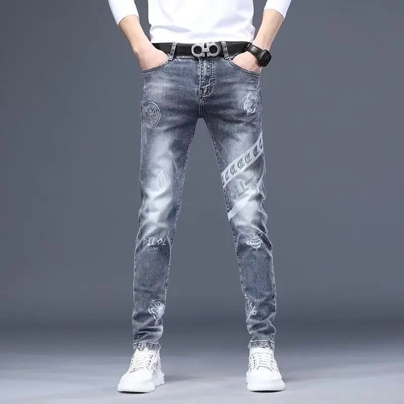 Trendy Luxury Clothing Men Korean Casual Denim Jeans Printed Patterns Slim Designer Spring Autumn Streetwear Cotton Trousers