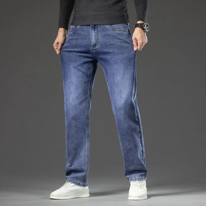 Autumn Men's Dark Blue Straight-leg Brand Jeans Classic Style Business Casual Cotton Stretch Denim Pants Male Plus Size 40 42 44