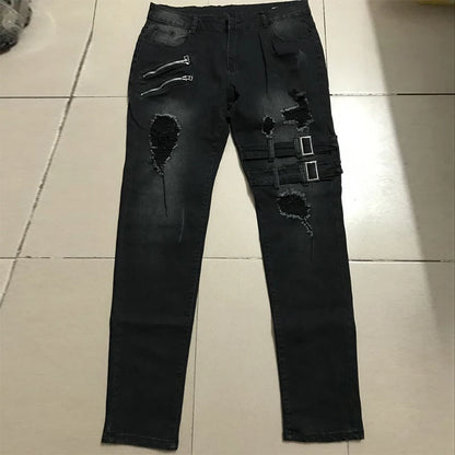 Street Skinny Ripped Jeans Men Denim Cargo Pants Wash Solid Color Casual Mid Waist Trousers Slim Daily Wear Joggers Y2K Clothing