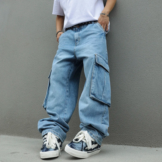 Men's Baggy Cargo Pants Light Blue Washed Denim Multi-Pocket Wide-Leg Jeans Vintage Look Loose Fit Streetwear Style