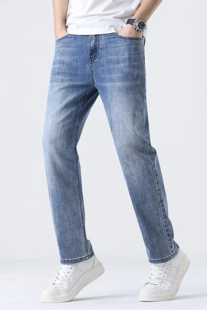 2025 New Loose Straight Leg Jeans for Men  Comfort Thin Stretch Cotton Blend Moisture-Wicking Casual Trousers for Daily Wear