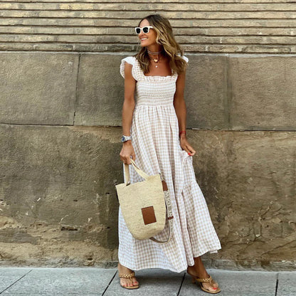 Luxury Ruffle Fly Sleeve Long Dress Square Neck Large Swing Plaid Party Evening Dress Casual Retro Beach Holiday Women's Clothes