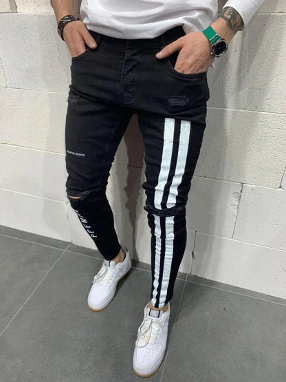 Mens Distressed Pleated Knee Patch Painted Stretch Skinny Jeans Ripped Denim Pants Brand Hip Hop Black Casual Trousers for men