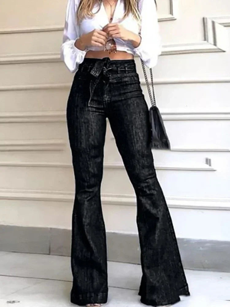 Jeans Women Denim Flare Pant Long Pants Straight Trousers Button Pocket High Waist Slim Fit Splice Casual Regular Autumn 2024