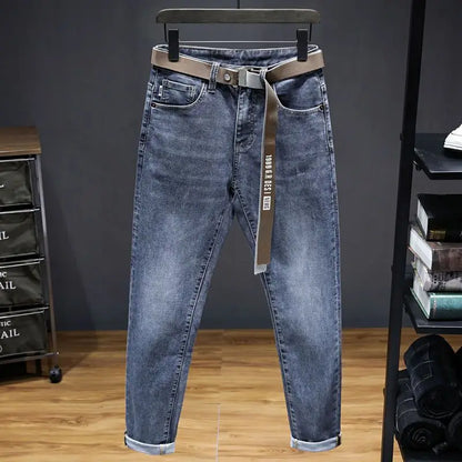 Harajuku Fashion Slim Fit Stretch Denim Jeans for Men Spring and Autumn Casual Blue Gray Water Wash Long Pants Luxury Slim Jeans
