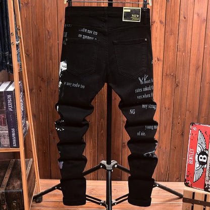 2025 Spring and Autumn New Fashion Trend Printed Black Straight Leg Jeans Men's Casual Comfort Breathable High Quality Pants