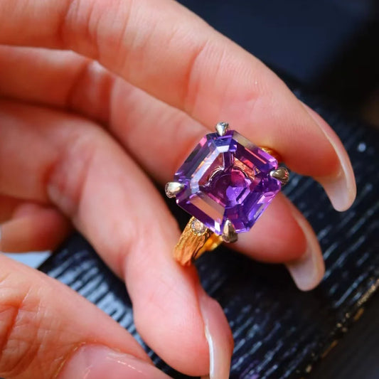 Trendy Natural Amethyst 925 Silver Ring Asscher Gemstone 11mm for Women Jewelry Gift,Elegant Gemstone Engagement Party Band