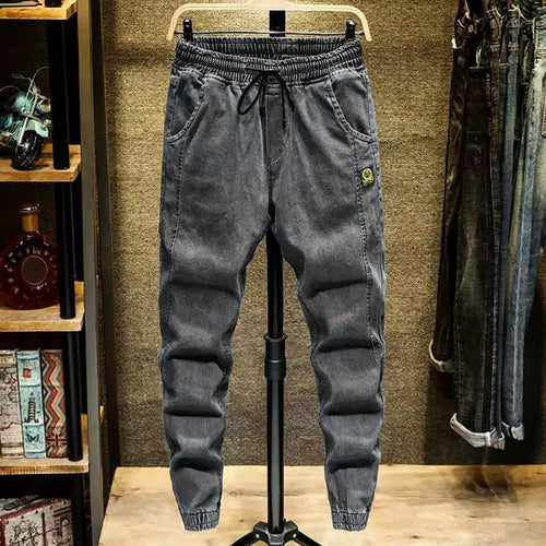 Trendy Men Jeans Elastic Waist Streetwear Bottoms High Waist Ankle Tied Harem Pants