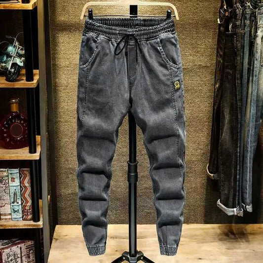 Trendy Men Jeans Elastic Waist Streetwear Bottoms High Waist Ankle Tied Harem Pants