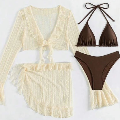 Sexy Four-piece Women Swimsuit Long-sleeve Cover-up Swimwear Summer Solid Bikini Set Brazilian Beachwear Party bathing suit