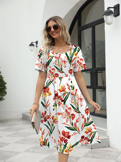 2025 summer new! Ladies fashion elegant printed crew neck short sleeve zipper dress for EU-USA summer