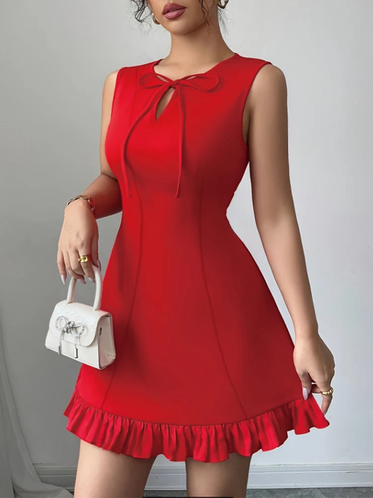 Sexy Short Sleeveless Mini Dress Pure  A-Line Mini Skirt Fashion New Arrival Women's Clothing Fashion Temperament Bowknot Dress