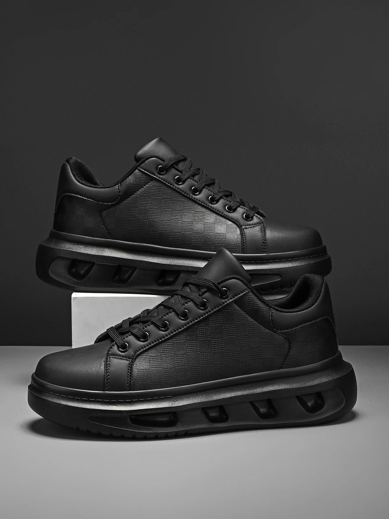 Men's Classic Black Small Square Comfortable Couple's Versatile Shock-Absorbing Sneakers, Fashionable Outdoor Travel Lace-Up Leather Splicing Street Flats Shoes Casual Shoes