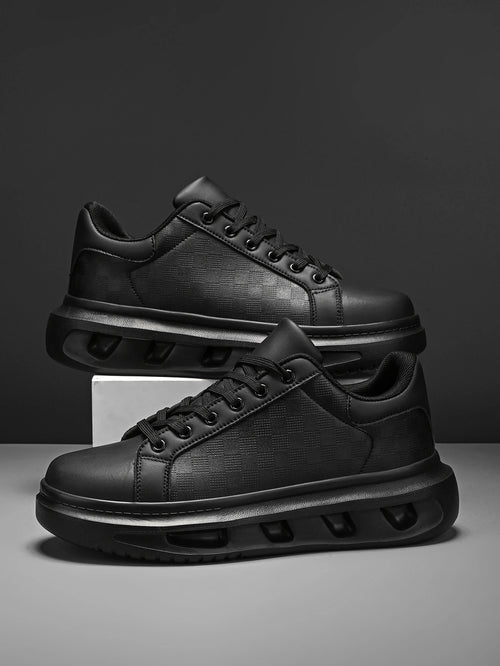 Men's Classic Black Small Square Comfortable Couple's Versatile Shock-Absorbing Sneakers, Fashionable Outdoor Travel Lace-Up Leather Splicing Street Flats Shoes Casual Shoes