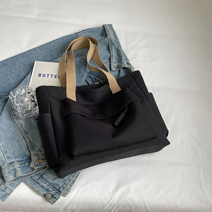 Nylon Tote Bag with Multiple Pocket Lightweight Foldable Design for Office Commute Shopping Fitness Storage Handbag Shoulder Bag