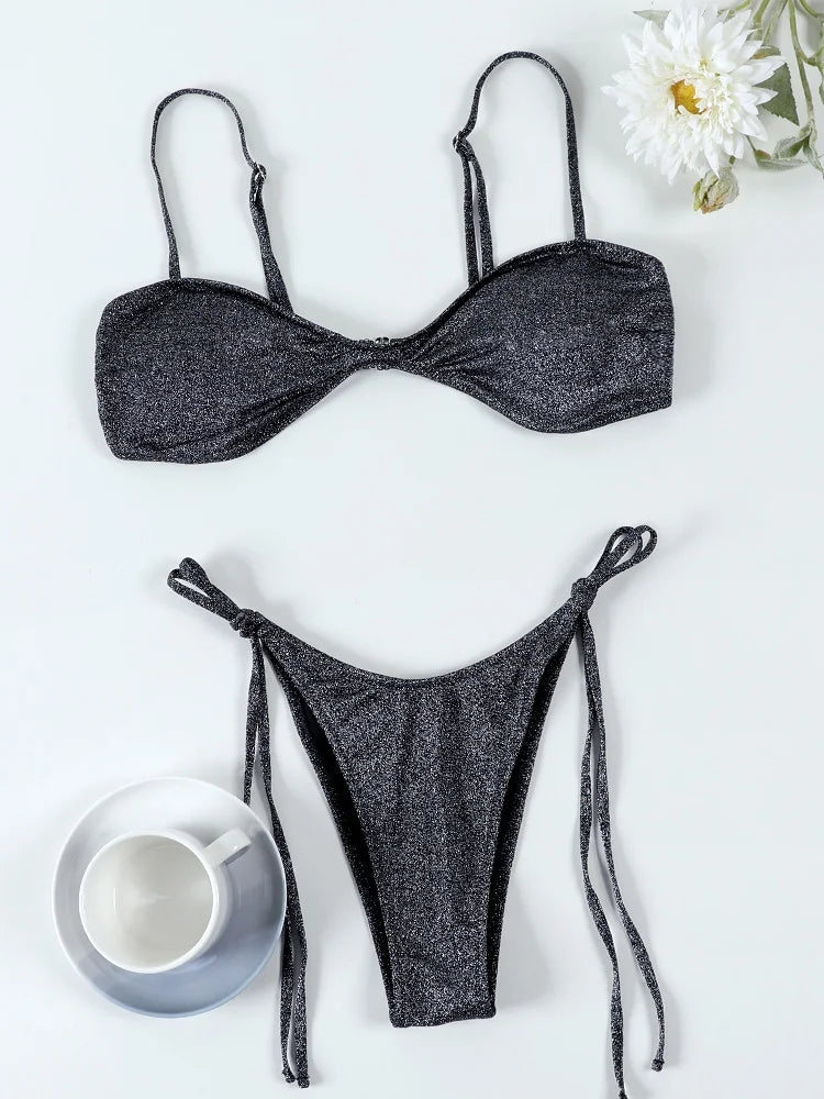 Miyouj 2025 Bikini Set Shiny Swimwear Solid Color Swimsuits Women's Beach Wear Suits Brazilian Biquini Triangle Two Piece Suit