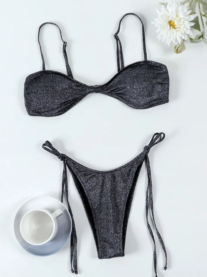 Miyouj 2025 Bikini Set Shiny Swimwear Solid Color Swimsuits Women's Beach Wear Suits Brazilian Biquini Triangle Two Piece Suit