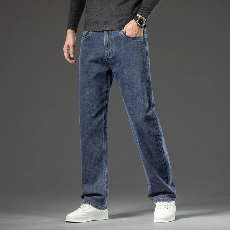 Autumn Men's Dark Blue Straight-leg Brand Jeans Classic Style Business Casual Cotton Stretch Denim Pants Male Plus Size 40 42 44