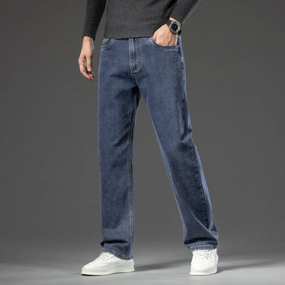 Autumn Men's Dark Blue Straight-leg Brand Jeans Classic Style Business Casual Cotton Stretch Denim Pants Male Plus Size 40 42 44
