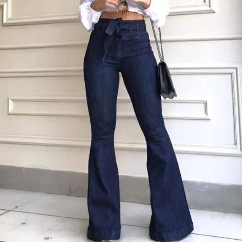 Jeans Women Denim Flare Pant Long Pants Straight Trousers Button Pocket High Waist Slim Fit Splice Casual Regular Autumn 2024