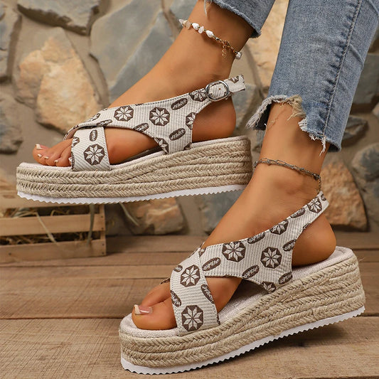Cross Strap Espadrille Platform Sandals for Women Bohemian Floral Print Wedge Sandals Woman Summer Thick Sole Casual Beach Shoes
