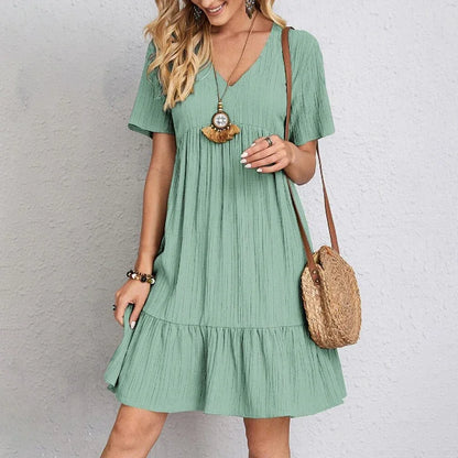 2025 Loose V-neck Short Sleeved Pleated Women Dress Solid Color A-line Beach Dresses Elegant Simple Comfortable Woman Clothing