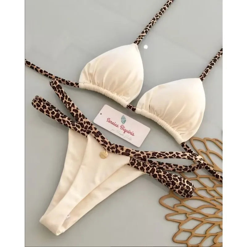 Women's Bikini Swimsuit Women's Split Solid Color Lace-up Sexy Swimsuit 2-piece Set Micro Swimwear