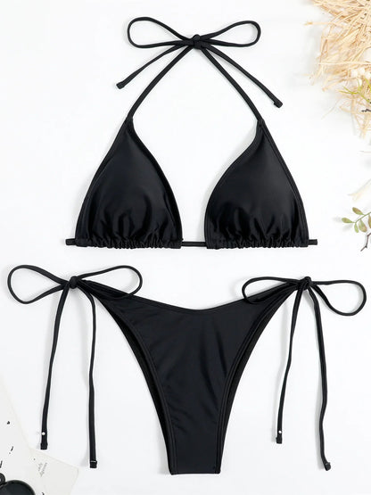 Sexy Brown Bikini 2025 Women Solid Red Halter Push Up Bra Tie Side Triangle Swimsuit Summer Bathing Suit Lace Up Micro Swimwear