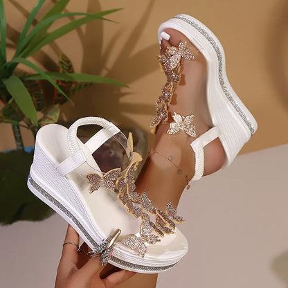 Rhinestone Butterfly Decor Chunky Platform Sandals Women Fashion Slip On Wedges Sandles Woman Lightweight Elastic Band Sandals
