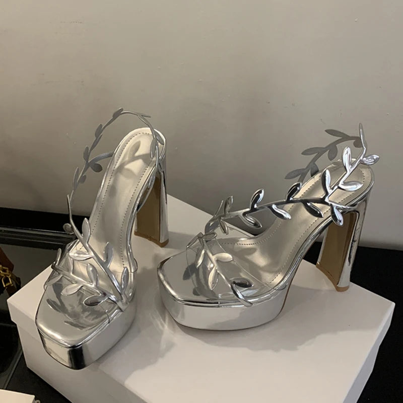 Liyke Summer Fashion Patent Leather Gold Leaf Women Sandals Elegant Square Toe Platform High Heels Wedding Banquet Shoes Size 42