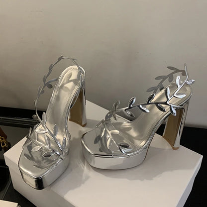 Liyke Summer Fashion Patent Leather Gold Leaf Women Sandals Elegant Square Toe Platform High Heels Wedding Banquet Shoes Size 42