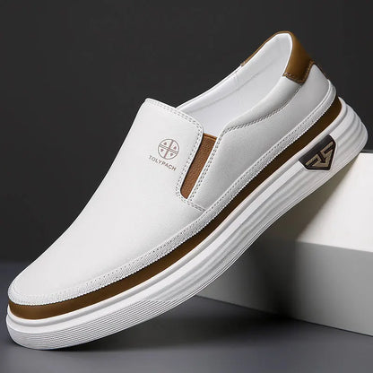 New 2025 Men's Genuine Leather Casual Sneakers Spring Summer Fashion Slip-On White Shoes Soft Sole Comfortable for Everyday Wear