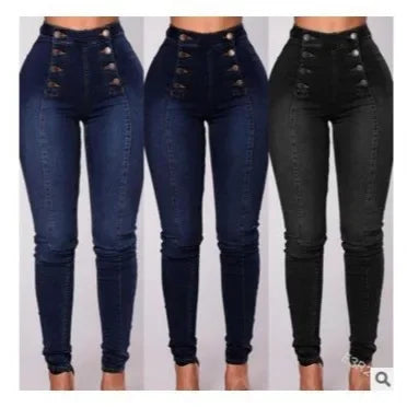 High Waist Casual Denim Pants Women's Elastic Multi-Buckle Trendy Double-Row Jeans Long Trousers Comfortable Stretchy Ladies