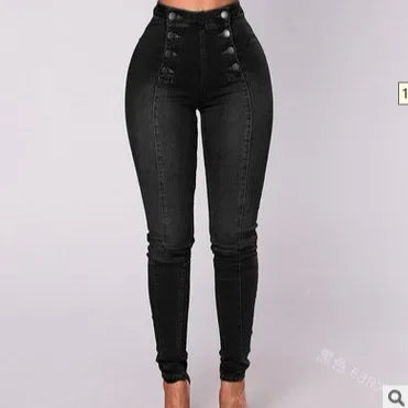 High Waist Casual Denim Pants Women's Elastic Multi-Buckle Trendy Double-Row Jeans Long Trousers Comfortable Stretchy Ladies