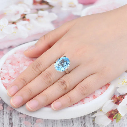 Natural Sky Blue Topaz Solid Sterling Silver Rings 15.8 Carats Faced Cut Precious Gemstones Classic Gorgerous Fine Jewelrys