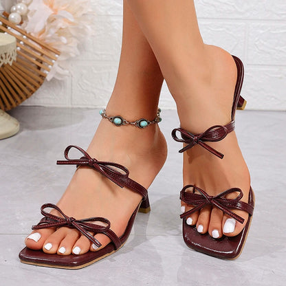 Wine Red High Heels Sandals for Women Square Toe Bowtie Decor Summer Outdoor Slippers Woman Thin Heeled Party Wedding Shoes