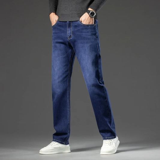 Autumn Men's Dark Blue Straight-leg Brand Jeans Classic Style Business Casual Cotton Stretch Denim Pants Male Plus Size 40 42 44