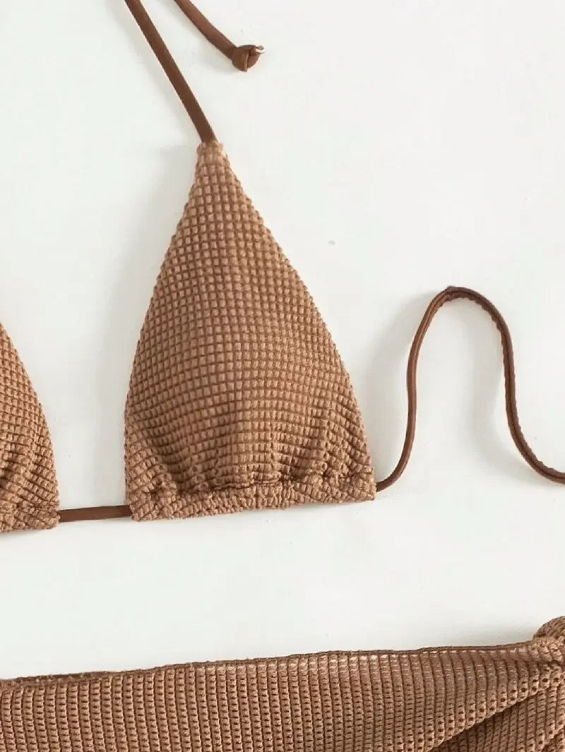 Sexy Brown Bikini Set 4 Women Halter Push Up Bra Skirt 3 Piece Swimsuit Summer Bathing Suit Cover Up Thong Swimwear Biquini
