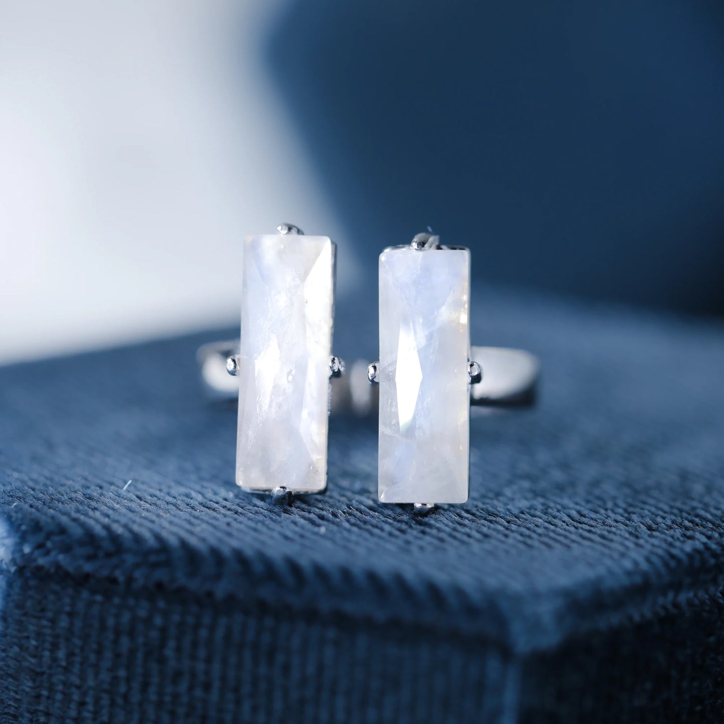 Baguette Cut Natural Moonstone Gemstone Engagement Ring 925 Sterling Silver Adjustable Band for Women Blue Stone Promsie Gifts