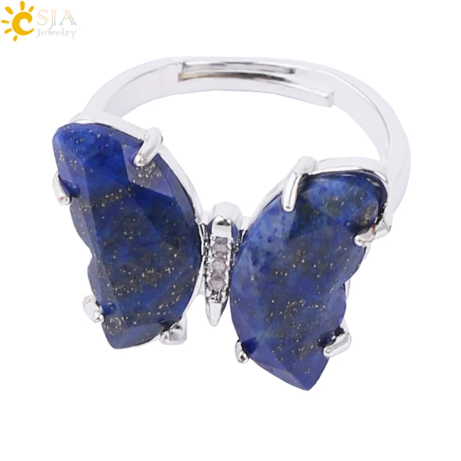 Gold Color Crystal Ring Natural Gemstone Butterfly Rings for Women Amethysts Lapis Lazui Pink Quartz Adjustable Engagement  H125