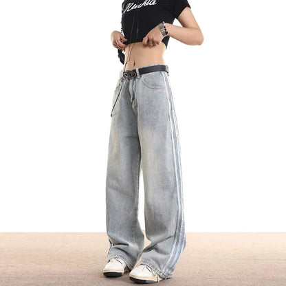 Vintage Striped Jeans Women's Loose-Fit American Style Spring Autumn New Straight-Leg Long Pants Trendy Brand Casual Wear