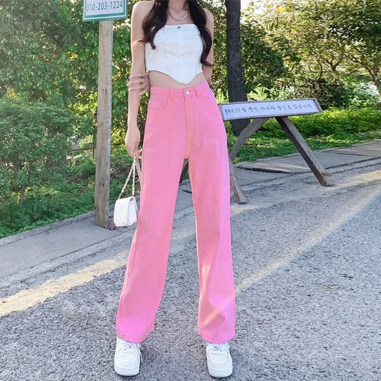 Loose Wide Leg Jeans Women's New Style Pink High Waist Slimming Floor Length Vibe Wind Summer Jeans Casual Comfortable Fit