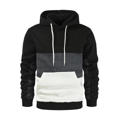 New Men's Patchwork Hoodie Outdoor Casual Sportswear Street Fashion Men's Fleece Thermal Hooded Sweatshirt Fall Winter Black