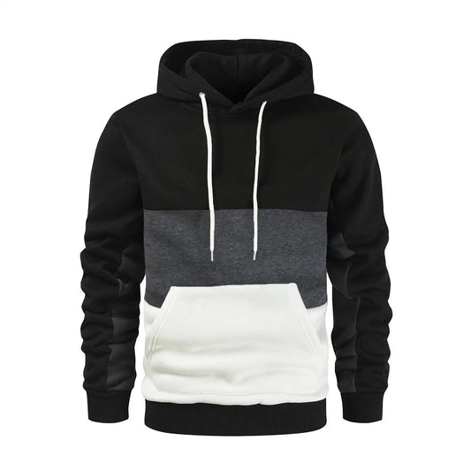 New Men's Patchwork Hoodie Outdoor Casual Sportswear Street Fashion Men's Fleece Thermal Hooded Sweatshirt Fall Winter Black