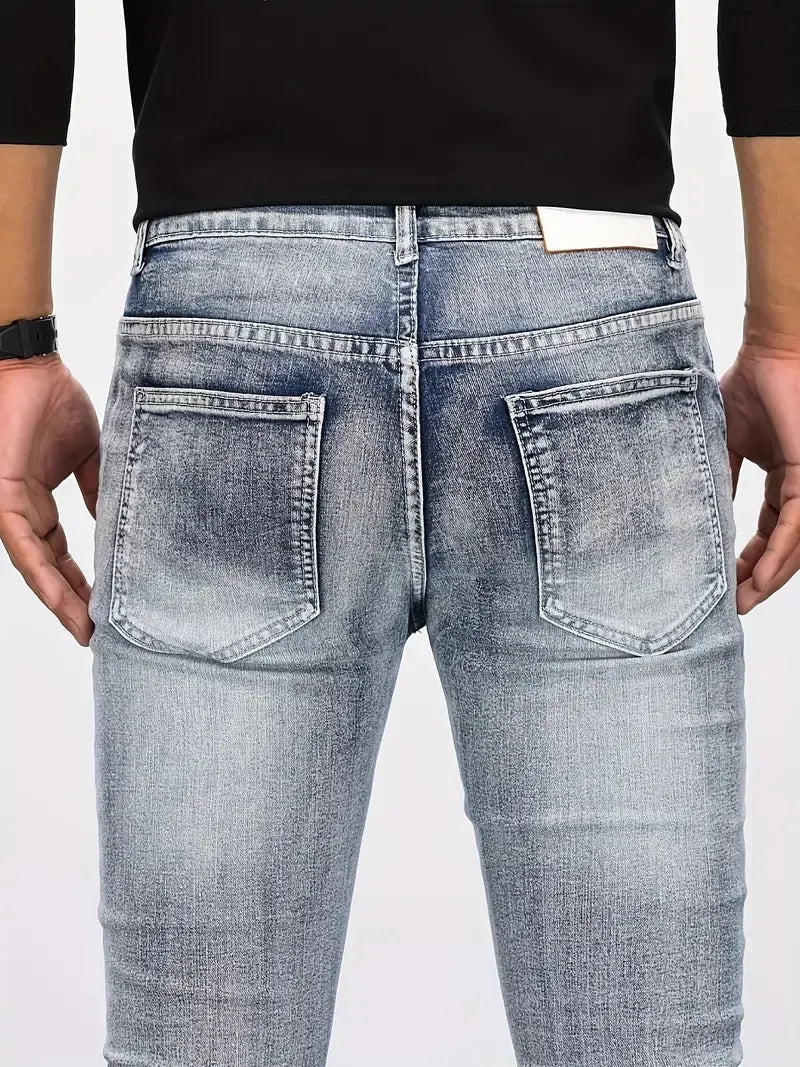 Pencil Jeans Men Ankle Length Denim Pants Washed Ripped Jeans Spliced Patchwork Pockets Slim Fit Moto Biker High Waist Man